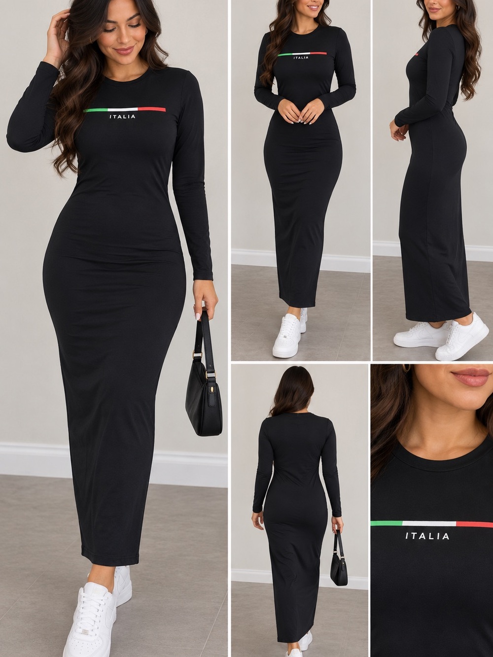 Italia Black Long-Sleeve Maxi Dress